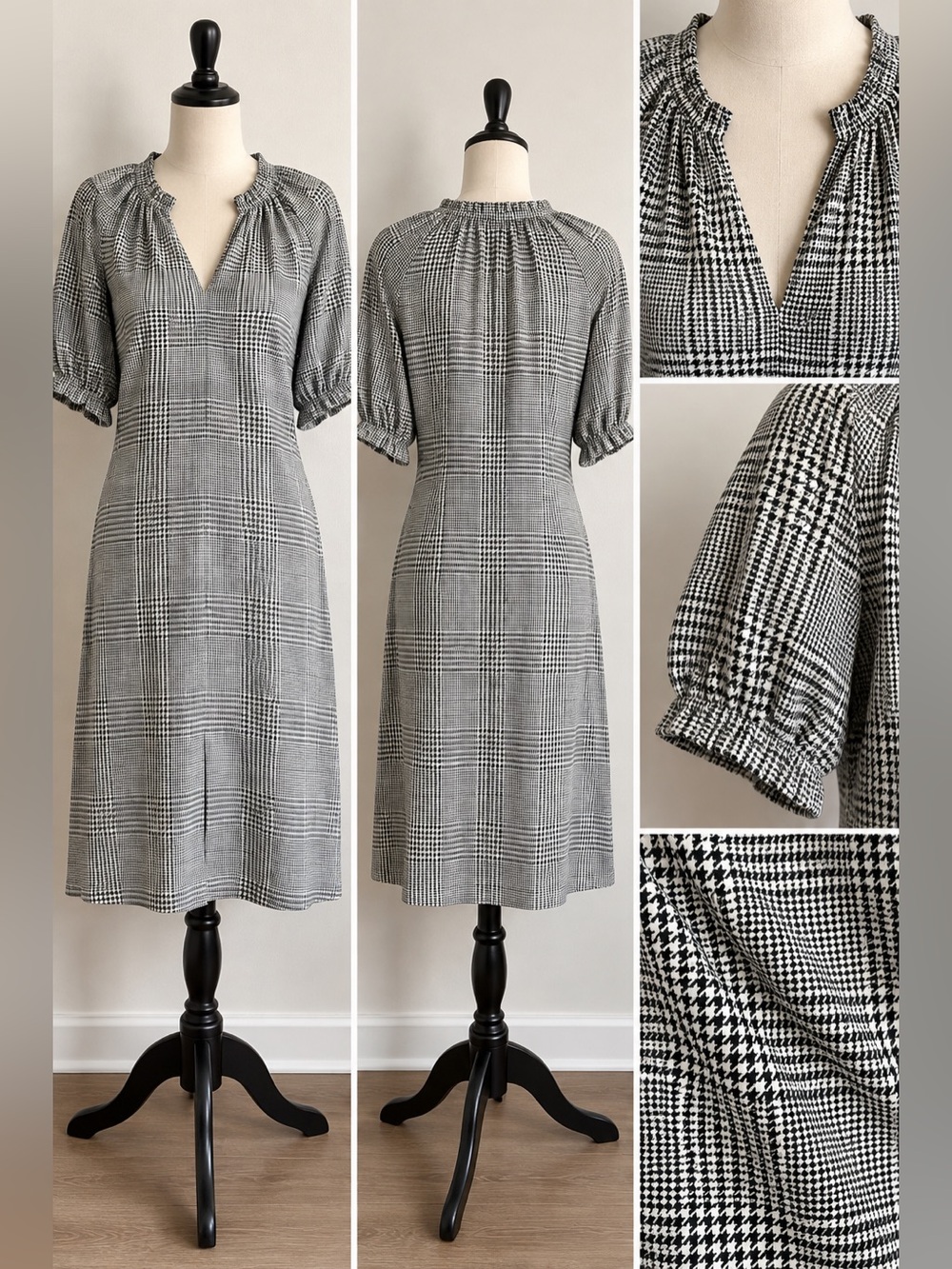 Lewit Houndstooth Plaid V-Neck Puff Sleeve Midi Dress Size 10 Classic Preppy